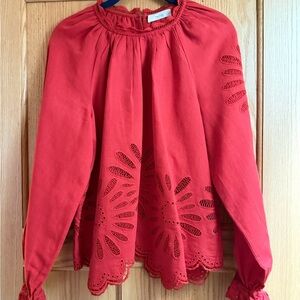 Ulla Johnson | Louisa Red Floral Eyelet Linen Blend Blouse Women’s 0